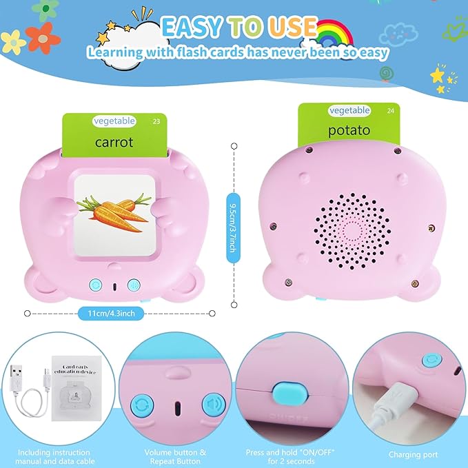 Kids Toddler Talking Flash Cards with 224 Sight Words,Montessori Toys,Speech Therapy,Autism Sensory Toys,Learning Educational Gifts for Age 2 3 4 5 Years Old Boys and Girls (Pink)