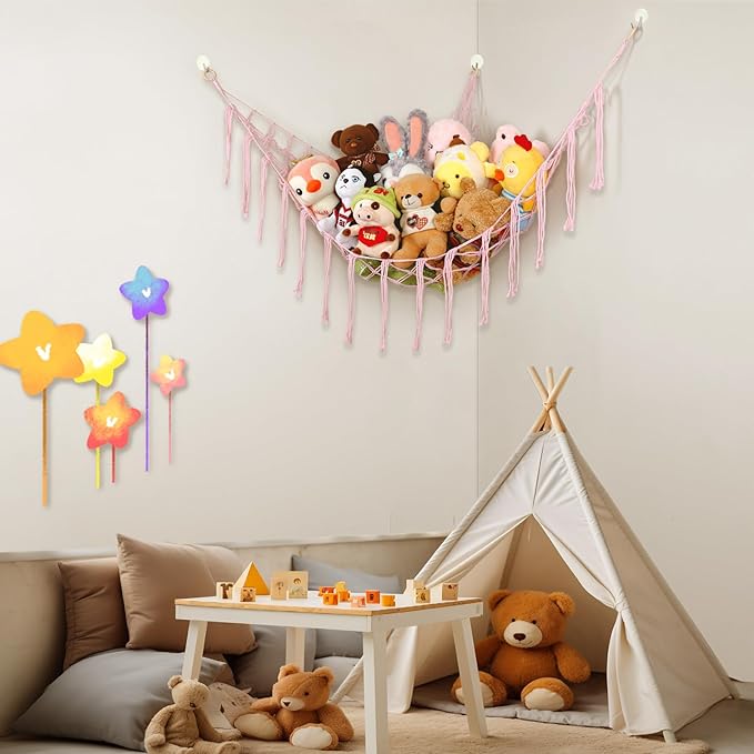Boho Stuffed Animals Net or Hammock Large,55 inch Toy Hammock Macrame Stuff Animal Storage Corner Hanging Net Holder,Mesh Hammock Plush Toy Organizer with Hooks for Bedroom,Nursery (Light Pink)