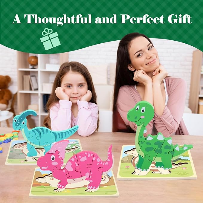 3 Pack Dinosaur Wooden Puzzles for Toddlers,Montessori Toys Dinosaur Puzzle for Kid 3 Year Old,Preschool Educational Learning Colorful Toys Gifts