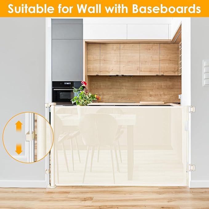 60 Inch Retractable Baby Gate Mesh Dog Gates for The House Pet Gates for Dogs Child Gates for Doorways Outdoor Gates for Decks Stair Gates for Kids or Pets Indoor Gate for Dogs Toddler Gate (Beige)