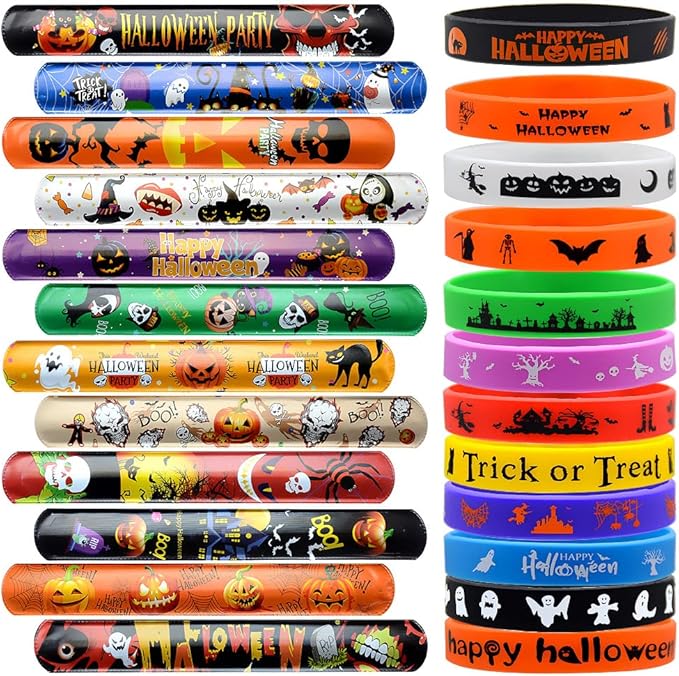 48Pcs Halloween Party Favors Halloween Slap Bracelets Rubber Wristbands Assorted Gifts for Kids - Trick or Treat Toys, Halloween Bag Stuffers Goody Bag Fillers Classroom Prizes
