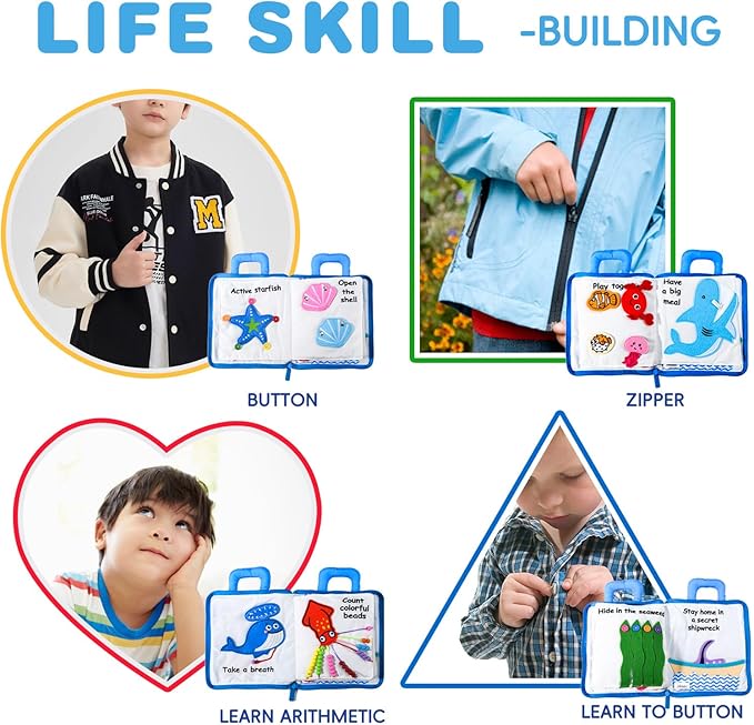 Jollybaby Quiet Book for Toddlers - Montessori Basic Skills Activity Toys - Preschool Learning Soft Travel Toy & Sensory Educational Busy Book for 1-3 Year Old Boys & Girls + Zipper Bag(Wathet)