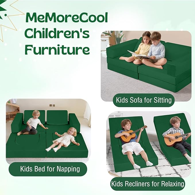 MeMoreCool 10-Piece Modular Kids Play Couch, Convertible Foam Climbing Sofa for Playroom & Reading Corner, Forest Green Kids Furniture Set