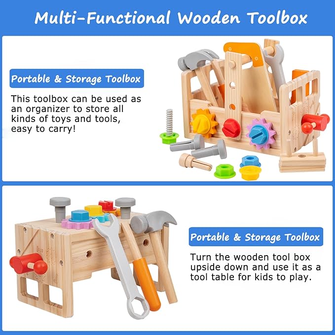HOMEE Wooden Kids Tool Set, 25 Pcs Toddler Tool Kits, Tool Toys Box, Tool Set for Kids, Montessori STEM Educational Tools Toys, Pretend Play Construction Toys for 3 4 5 Years Kids Boys and Girls