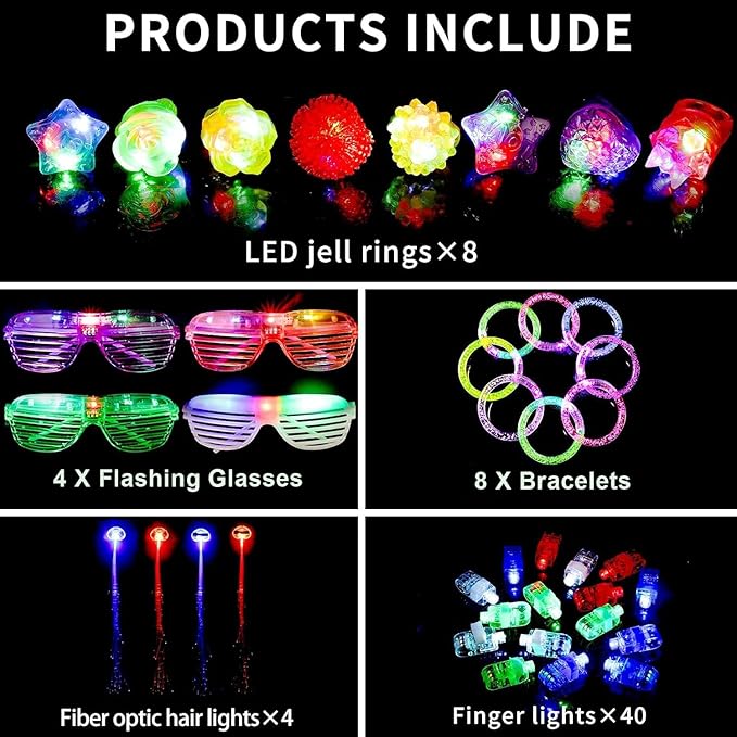 64 Pack Glow in the Dark Party Supplies, Light Up Toys Birthday Christmas Party Favors, 40 Finger Flashing, 8 Jelly Ring, 4 Flashing Glasses, 8 LED Bracelet, 4 Fiber Optic Hair Light