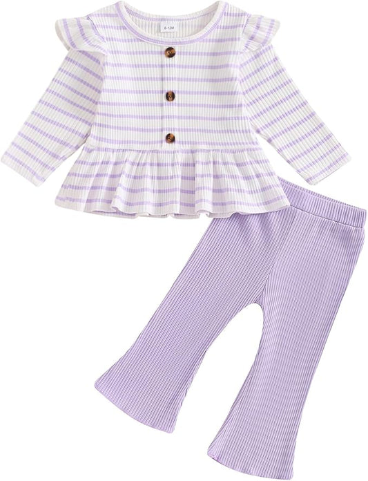 Mubineo Toddler Baby Girl Clothes Cute Ribbed Outfits Knit Long Sleeve Shirt Tops Bell Bottom Pant Fall Winter Outfit