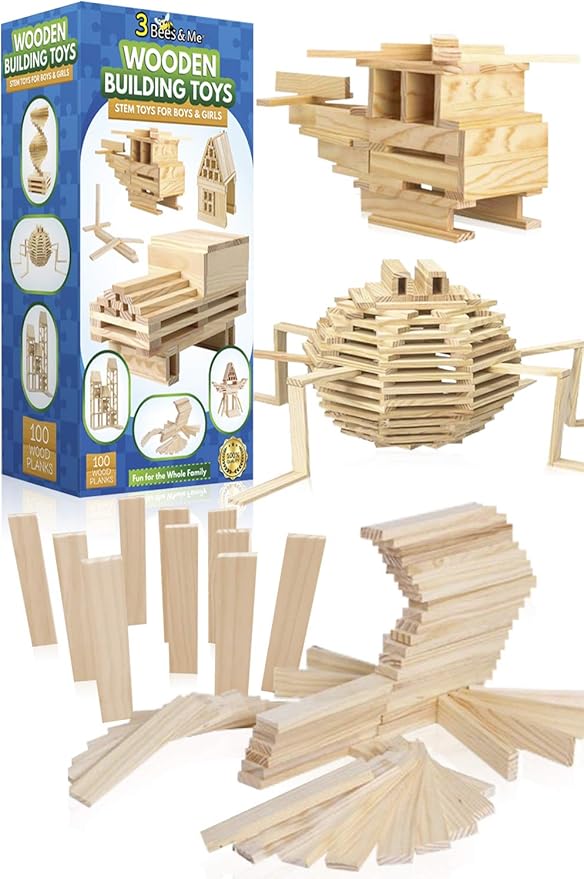 3 Bees & Me Wooden Building Toys - STEM Toys for Boys and Girls - 100 Wood Plank Pieces