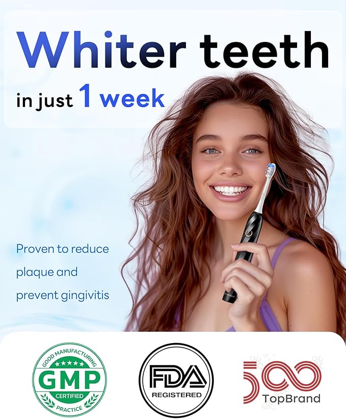 40,000 VPM Electric Toothbrush for Adults & Kids - Ultra Whitening Sonic Toothbrushes – 5 Modes with Smart Timer – 70-Day Long-Lasting Rechargeable Toothbrush, 6 Soft Brush Heads (T2 Max)