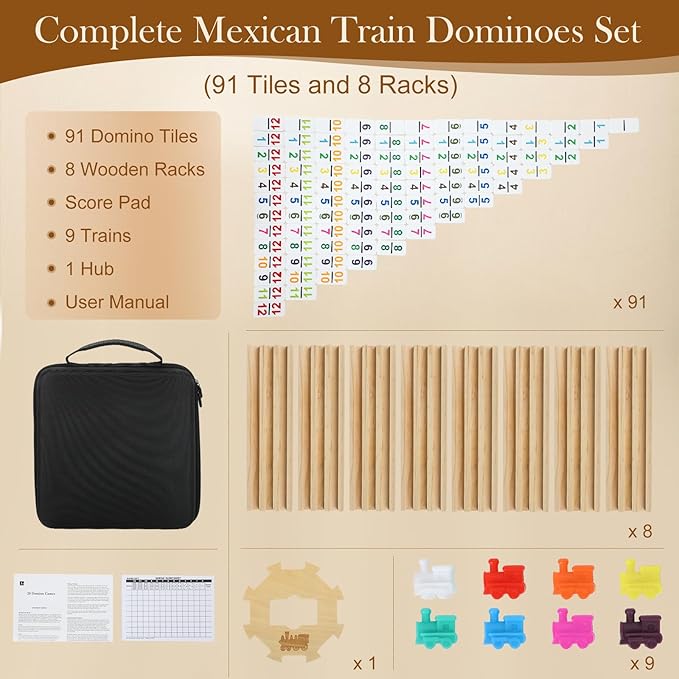 2-8 Players Mexican Train Dominoes Set with Numbers, 8 Wooden Racks, 91 Tiles, Portable Case, Dominos Set for Adults, Board Games for Adults, Easter Gifts, Easter Basket Stuffers
