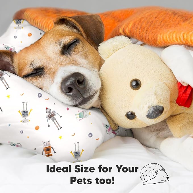 Toddler Pillow with Pillowcase - 13x18 My Little Dreamy Pillow, Organic Cotton Toddler Pillows for Sleeping, Kids Pillow, Travel Pillows, Mini Pillow, Nursery Pillow, Toddler Bed Pillow (Robo Pals)