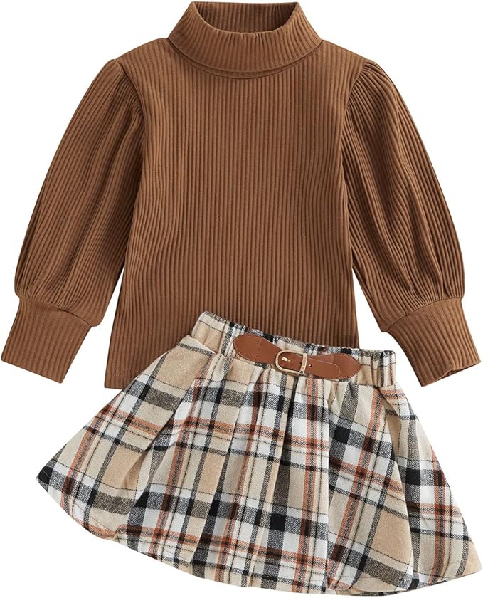 Fernvia Toddler Baby Girl Fall Winter Skirt Set Turtleneck Ribbed Long Sleeve T-Shirt Top & Plaid Skirts Dress 2Pcs Outfits