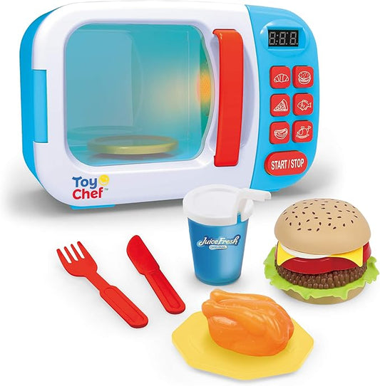 Kids Microwave Oven Toy, Pretend Play Kitchen, Electronic Bright Colored Microwave with Lights and Toy Food