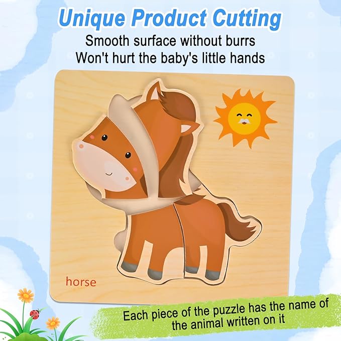 8pcs Wooden Puzzles for Toddlers 1 2 3 4, Toddler Puzzles Ages 1 2 3 4, Montessori Educational Jigsaw Toys Puzzles Christmas Birthday Gift for Kids Girl Boy 1-4 Year Old (Farm Animal)