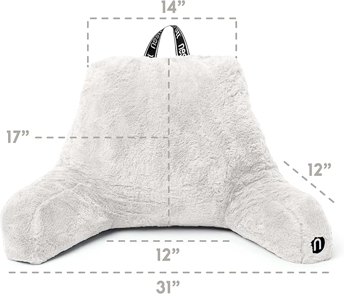Nestl Fur Reading Pillow, Stylish Back Pillow for Bed Sitting Up, Faux Fur Bed Chair Pillow with Arms, Reading Pillows for Sitting in Bed Adult & Kids, Sit Up Back Support Pillow for Bed Rest - White