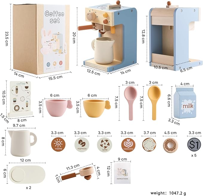 Kids Coffee Maker Playset Wooden Kitchen Toys for Toddlers - 15PCS Toy Coffee Maker Play Kitchen Accessories for Girls & Boys Pretend Play Kids Coffee Maker Toys - Ideal Gift