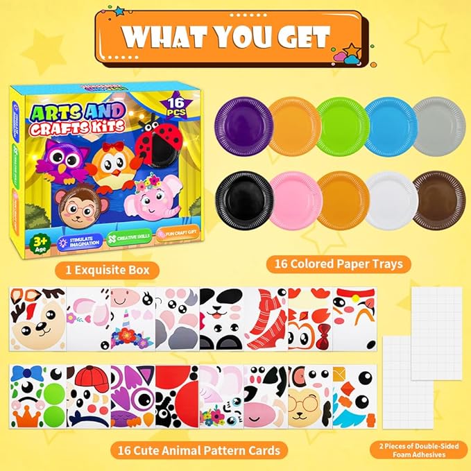 16 Pack Arts and Crafts for Kids, Toddler Crafts Animal Paper Plate Art Kit Gift for 3 4 5 6 Year Old Boys Girls DIY Kids Crafts for Birthday Party Favor Preschool Classroom Party Games
