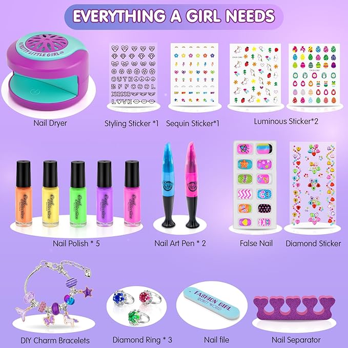 Kids Nail Polish Set for Girls Nail Art Kits with Nail Dryer, Quick Dry & Peel Off & Non-Toxic Nail Polish,2 in 1 Nail Art Pen - Charm Bracelet Making Kit & Ring Birthday Gifts for Girls Ages 7-12