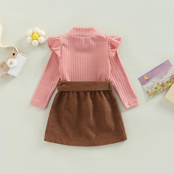 Fernvia Toddler Baby Girl Fall Winter Skirt Set Turtleneck Ribbed Long Sleeve T-Shirt Top & Plaid Skirts Dress 2Pcs Outfits