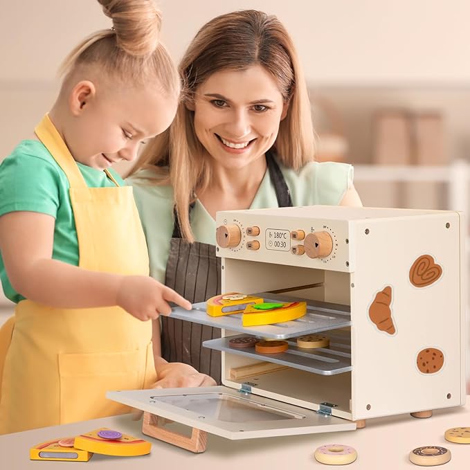 Wooden Kids Oven, Pretend Play Oven for Toddlers with DIY Stickers, Kitchen Play Set Accessories with Push-Pull Baking Tray. Ideal Choice for Boys and Girls Aged 3+