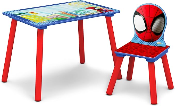 Delta Children - Marvel Spidey and His Amazing Friends 4-Piece Toddler Room-in-a-Box Set – Includes Sleep and Play Toddler Bed, Table, 1 Chair and Toy Box, Blue/Red