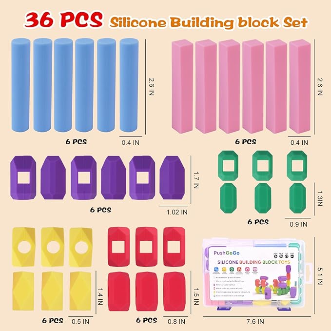 Kids Silicone Building Blocks, Age3+, 36PCS, Puzzle Senses, Stimulate Creativity, Imagination, Montessori Stacking Rocks Toys