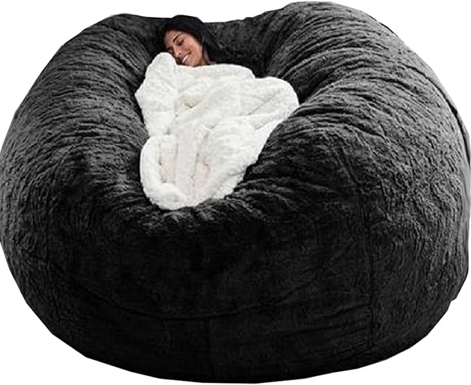 cjc Giant Fur Bean Bag Chair Cover for Kids Adults, (No Filler) Living Room Furniture Big Round Soft Fluffy Faux Fur Beanbag Lazy Sofa Bed Cover(Black, 6FT 150 * 75cm)
