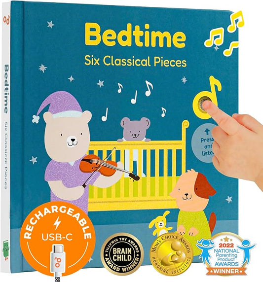 Cali's Books Bedtime Musical Book for Babies and Toddlers 1-3 – USB-C Rechargeable – 6 Classical and Relaxing Pieces | Sound Book for Sleep & Relaxation