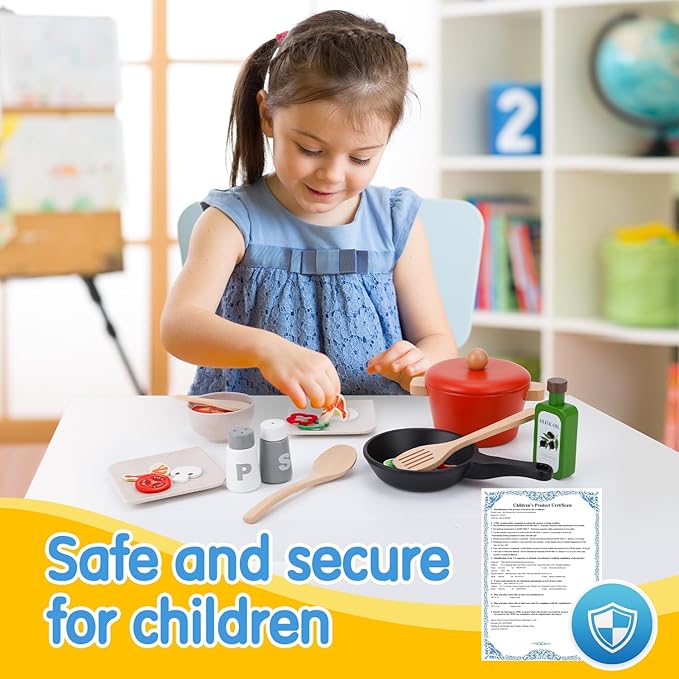 deli Wooden Play Food Set, 25Pcs Kids Play Kitchen Toys Set, Pretend Cooking Playset Acccessories for Kids Ages 3+