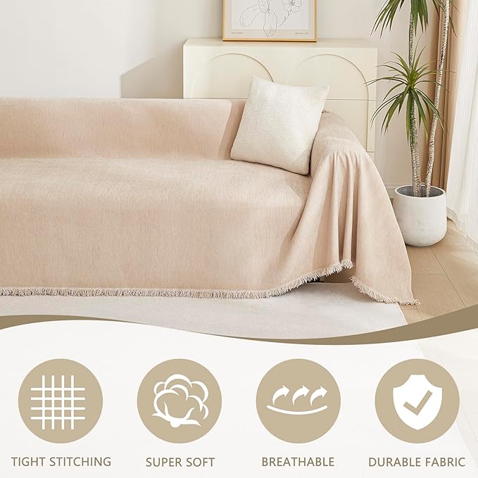 MYSKY HOME Couch Cover 3 Cushion Sofa with Tassel Chenille Sofa Covers Couch Covers for 3 Cushion Couch Sofa Slipcovers for Sectional l Shaped Couch Dogs Protector Furniture Covers, 91" X150", Khaki