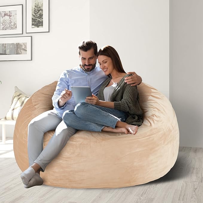 Homguava Bean Bag Chair: Giant Bean Bags with Memory Foam Filled, Large Beanbag Chairs Soft Sofa with Dutch Velet Cover 6FT(58"×58"×28")-Khaki