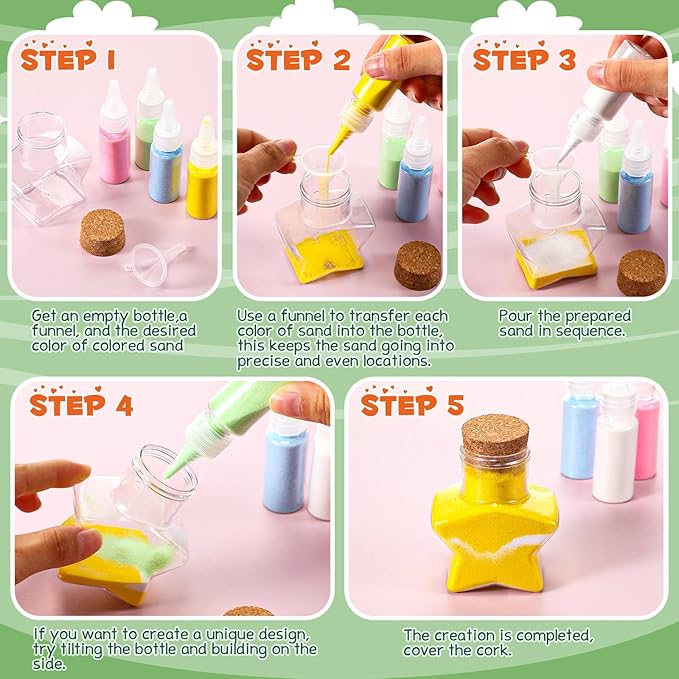 65 Pcs Plastic Sand Art Bottles with Corks Include 20pcs 3.4oz Sand Art Bottles, 40 Colored Art Sand, 5 Plastic Funnels Plastic Clear Containers for Sand Art Fun Arts Crafts Supplies (Star)