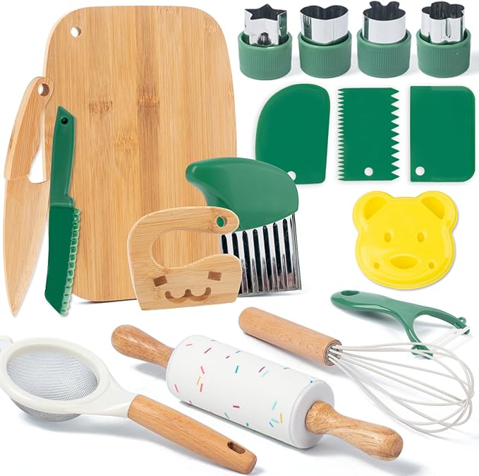 17 PCS Kids Knife Set for Real Cooking, Montessori Kitchen Tools for Toddlers, Cooking and Baking Set for Kids Little Chefs, Crinkle Cutter, Cutting Board, Safe Knife