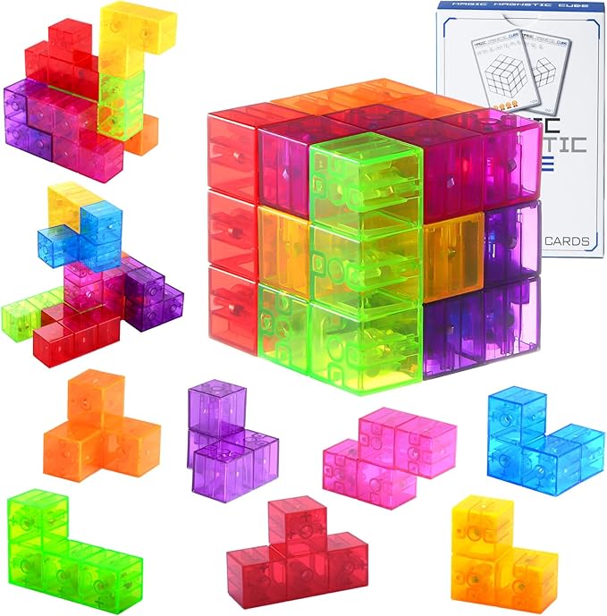 Magnetic Building Blocks Stacking 3D Puzzle Cubes, 7 Multi Shapes Magnetic Blocks with 54 Guide Cards, Educational Toys for Toddlers, Montessori Toys for Boys Girls
