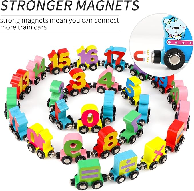 Wondertoys 27 PCS Wooden Train Set Toy Wooden Magnetic Number Train Set Includes 1 Engine Cars for Toddlers Boys and Girls, Compatible with Major Brands Train Set Tracks
