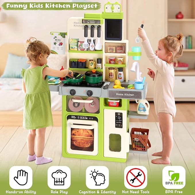 Kids Kitchen Playset, Easface Play Kitchen for Toddlers 1-3 with Sound and Light, Cooking Stove with Steam, Play Sink and Toy Kitchen Accessories Pretend Kitchen Toys for Girls Boys 3-5 (Soft Green)