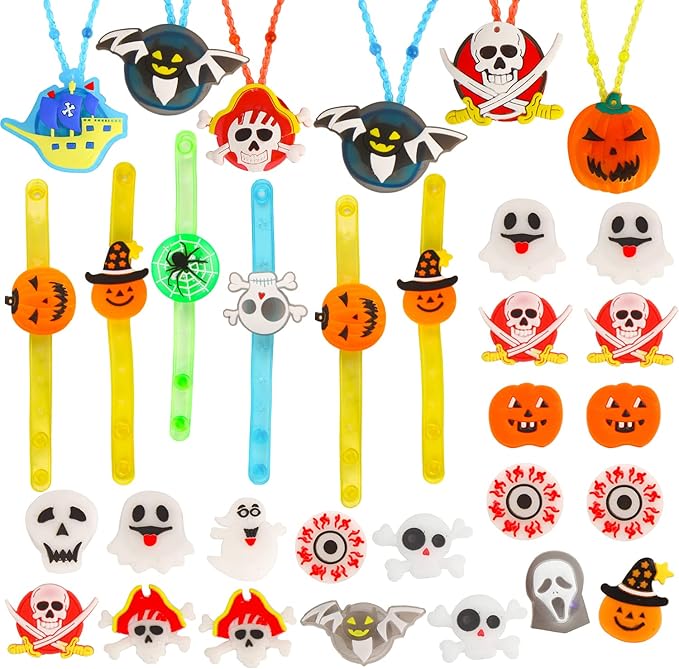32Pcs Halloween Light Up Ring Necklaces Bracelets Toys Halloween Party Bag Fillers for Kid Adult Glow in the Dark Non Candy Gift Bags