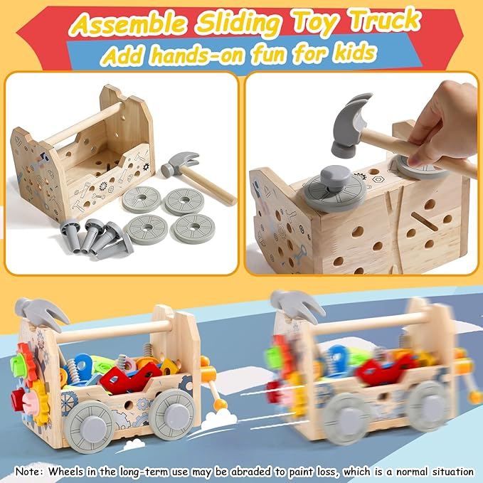 Kids Tool Set, Wooden Toddler Tools Bench Toys for 2 3 Year Old Boys Girls, Montessori Toys for Ages 2-4 STEM Educational Construction Toys for 3 4 5 Year Old Birthday Gift for Toddlers (52 PCS)