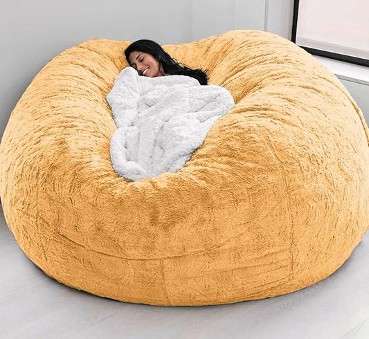 Giant Fur Bean Bag Chair Cover for Kids Adults, (No Filler) Living Room Furniture Big Round Soft Fluffy Faux Fur Beanbag Lazy Sofa Bed Cover (Yellow, 7FT)