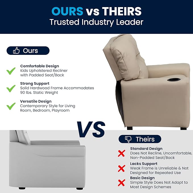 Flash Furniture Chandler Vinyl Kids Recliner with Cup Holder and Safety Recline, Contemporary Reclining Chair for Kids, Supports up to 90 lbs., Beige