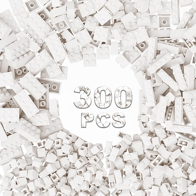 300 Pcs Classic Building Bricks, White Bulk Bricks,Compatible with Lego and Major Brands Parts and Pieces, Creative Building Block Toys for Boys Girls Ages 6 7 8 9 10 Year Old
