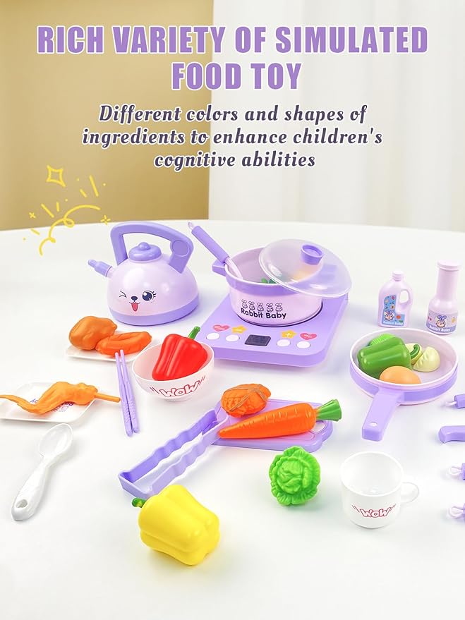 Kids Play Kitchen Accessories, Pretend Play Toys for Kitchen, Play Pots and Pans Sets for Kids Kitchen, Toddler Cooking Set for Boys and Grils Aged 3 4 5 6(Purple)