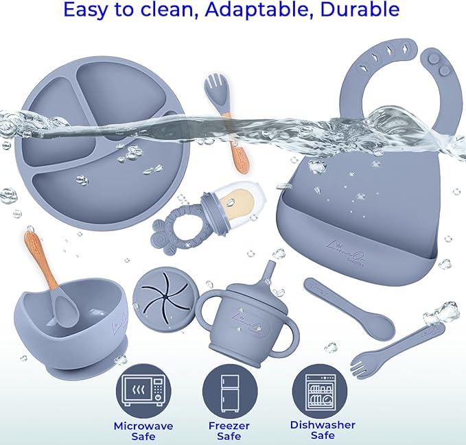 Silicone Baby Feeding Set - BPA-Free - Baby Led Weaning Supplies, Complete Kit toddler eating essentials – Empower Your Little One's Independence with LimOr's baby essentials 6-12 months (Gray)