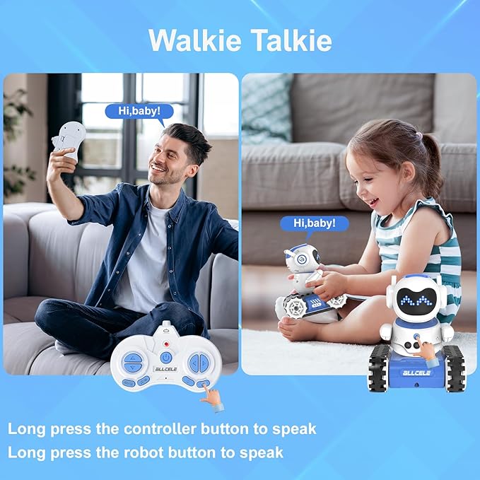 ALLCELE Robot Toy, LED RC Robot Toys, RC Robot for Boys and Girls with Walkie Talkie, Programming, Music, Demo and LED Function, Remote Control Robot Toy, Gift for Kids 3-8 Years Old Blue White