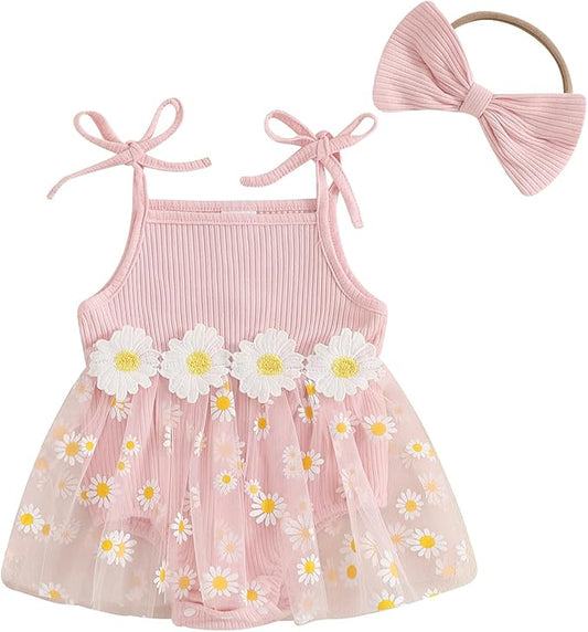 Baby Girl Clothes Daisy Ribbed Bodysuit Sleeveless Romper Dress Summer Outfit for Girls Newborn 3 6 9 12 18 Months