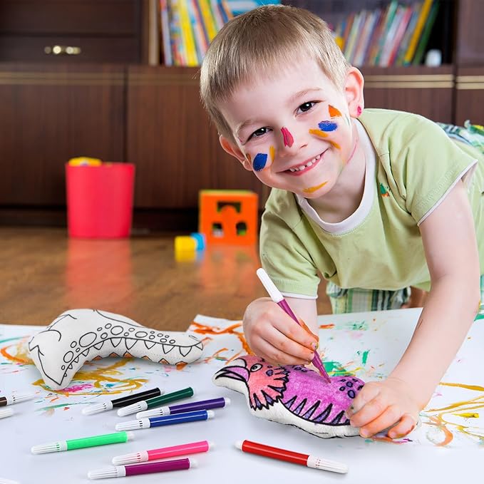 4 Sets Boys Girls Doodle Dolls, Color Your Own Dinosaur Gift Set 4 Coloring Plush Toy Washable Stuffed Animal Drawing DIY Crafts Art 48 Watercolor Pens for Boys Girls 4-10 Years Old