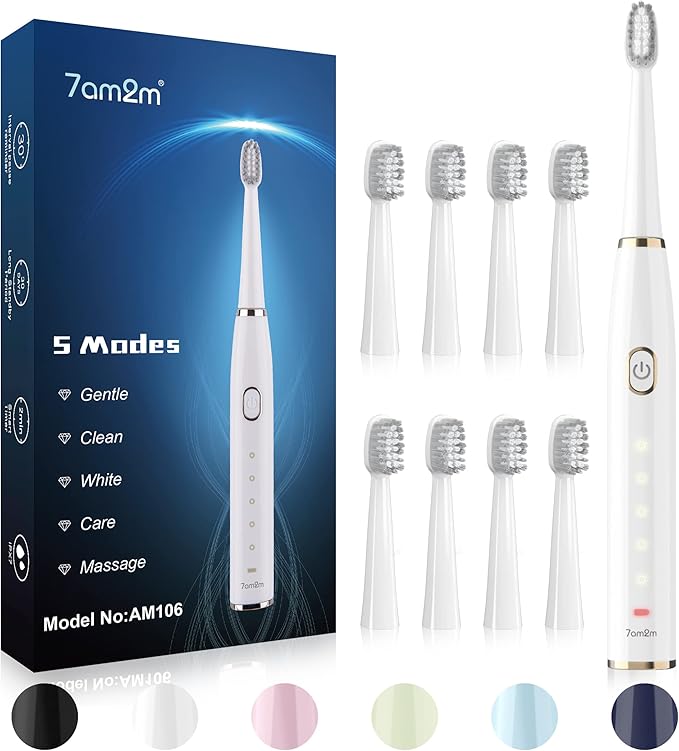 7AM2M Sonic Electric Toothbrush for Adults and Kids- High Power Rechargeable Toothbrushes with 8 Brush Heads,5 Adjustable Modes, Built-in 2-Minute Smart Timer,4 Hours Fast Charge for 30 Days(White)