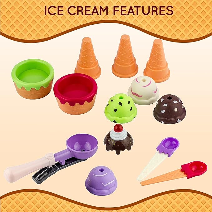 Kids Ice Cream Toy Set - Pretend Play Sweet Treats Ice Cream Parlour Dessert Accessories Playset with Cone and Scoop for Toddler Imaginary Play