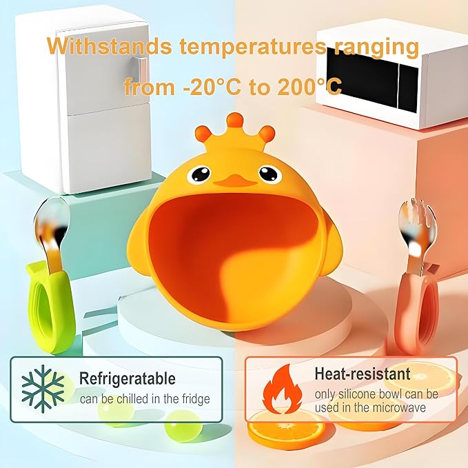 Suction Bowls Set for Baby Feeding，Yellow Duck Silicone Suction Baby Bowl and Food-Grade 304 Stainless Steel Bowl with Fork and Spoon,Dishwasher Safe