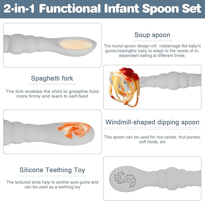 Silicone Baby Spoons Self Feeding 6+ Months 3PCS Toddler Forks and Spoons Utensils Baby Led Weaning Teething Spoon Infant Spoons First Stage Newborn Baby Essentials Baby Gifts BPA FREE Grey