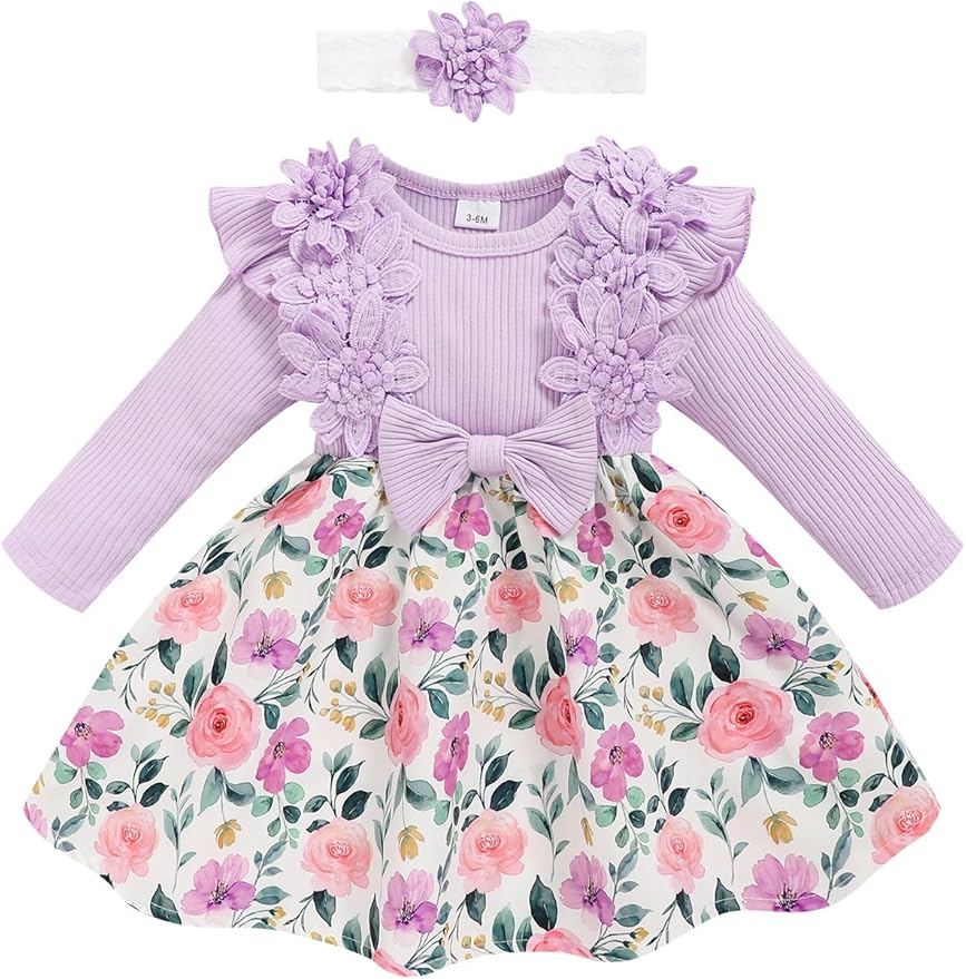 Baby Girl Dress Fall Flower Ruffle with Lace Headband Toddler Girls 3M-3T Infant Dresses Winter Baby Girl Clothes